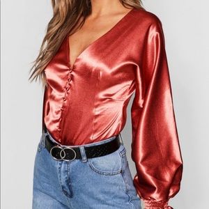 Boohoo satin button fitted blouse